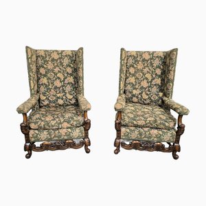 Jacobean Wing Bibliothekssessel aus Nussholz, 2er Set