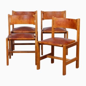 Elm and Leather Chairs from Maison Regain, 1980s, Set of 4