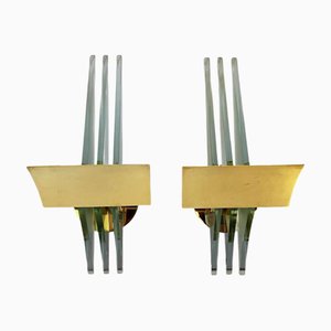 Hollywood Regency Wall Lights in Gilded Brass Bases, 1970, Set of 2