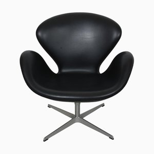 Swan Chair in Original Black Aura Leather by Arne Jacobsen