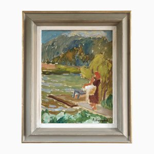 Pomeriggio in riva al lago, dipinto ad olio, con cornice