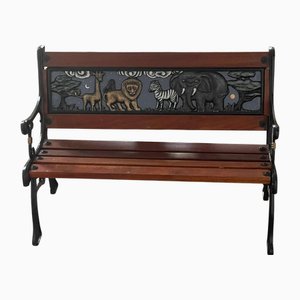 Banc de Jardin pour Enfants en Fonte et Acajou Peint à la Main sur le Thème des Animaux de Safari