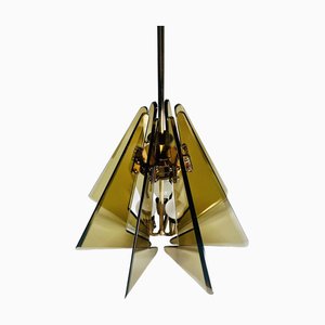 Tinted Glass and Brass Hanging Lamp by Gino Paroldo for Fontana Arte, 1950s