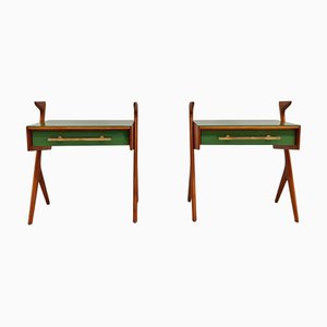 Vintage Bedside Tables with Top and Drawer Covered in Green Glass and Brass Handle, 1950s, Set of 2