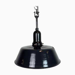 Industrial Black Enamel Factory Lamp with Porcelain Top, 1950s
