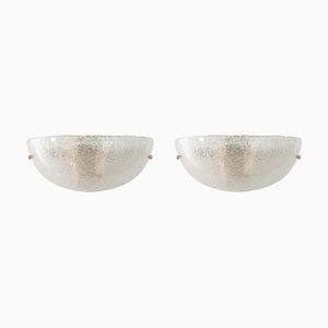 Handmade Murano Glass Wall Sconce in Clear Color, Artistic Glass Leaf with Grit, 1980s, Set of 2