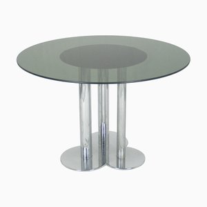 Mesa Trifoglio vintage redonda de vidrio ahumado y cromo de Sergio Asti para Poltronova, 1969