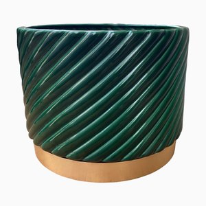 Vaso Cachepot in ceramica verde di Tommaso Barbi, Italia, anni '70