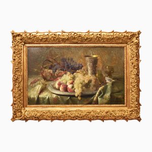 Frans Mortelmans, Bodegón con frutas, uvas y melocotones, óleo sobre lienzo, del siglo XIX, enmarcado