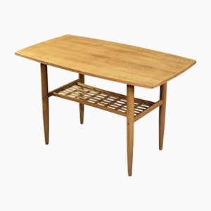 Mid-Century Modern Scandinavian Cherry Wood Coffee Table with Woven Shelf, 1960s