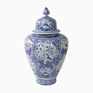 Large Portuguese Hand Painted Ceramic Lidded Vase, 2010s