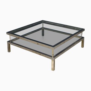 Mesa de centro francesa vintage de cromo y vidrio de Maison Jansen, años 70