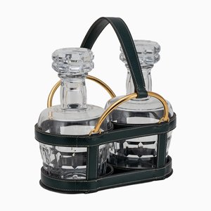 20th Century French Baccarat Decanters & Hermes Leather Basket by Jacques Adnet from Hermès, Set of 3