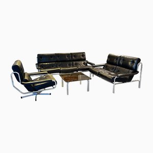 Mid-Century Modern Leather and Chrome Alpha Living Room Set by Tim Bates for Pieff, 1975, Set of 4