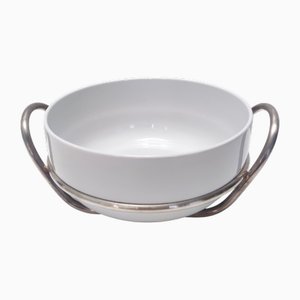 Postmodern Silver-Plated and White Ceramic Serving Bowl by Lino Sabattini, Italy, 1970s