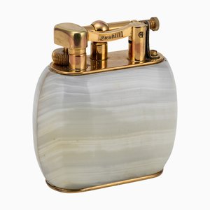 Italienisches Vintage Dunhill Tischfeuerzeug aus Onyx & Vergoldeter Platte, 1950