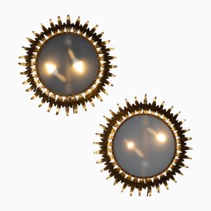Vintage Smoked Glass and Brass Sun Wall Lights, 1950, Set of 2