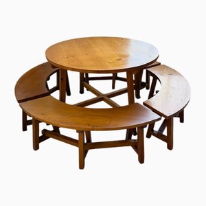 Round Table Set and 4 Rounded Benches, 1950s, Set of 5