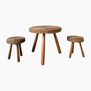 Stools and Coffee Table attributed to Adrien Audoux & Frida Minet, 1950s, Set of 3