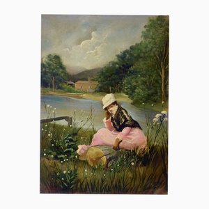 James Richard, niña sentada en un paisaje de río, siglo XX, óleo sobre lienzo