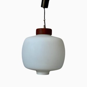 Lampe à Suspension en Bois et Verre Opalin attribuée à Reggiani