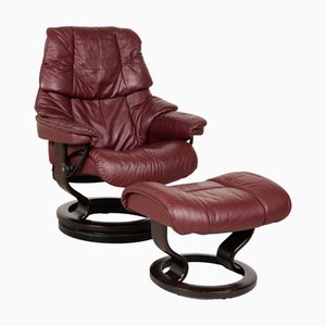 Set of Reno Leather Wood Armchair with Ottoman in Dark Red Chestnut from Stressless