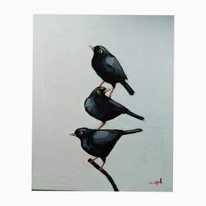 Vivek Mandala, Schwarze Vögel, Öl auf Leinwand