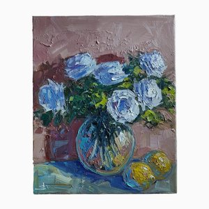 Vivek Mandala, Weiße Rosen, Öl auf Leinwand