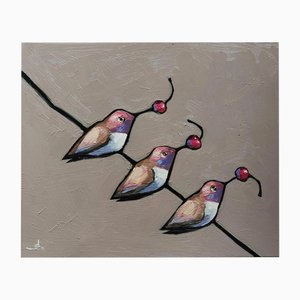 Pink Hummingbirds Abstrait Nature Morte Peinture à l'Huile