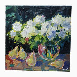 Vivek Mandala, Weiße Blumen, Öl auf Leinwand