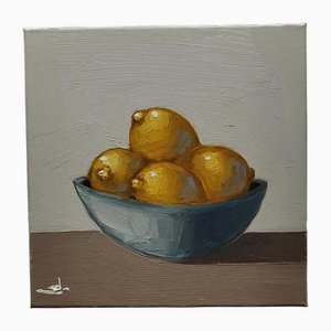Vivek Mandalia, Schale mit Zitronen, Öl auf Leinwand