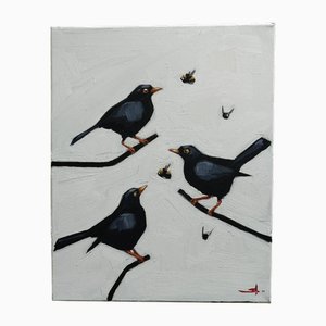 Vivek Mandala, Schwarze Vögel, Öl auf Leinwand