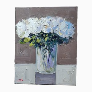 Vivek Mandala, Weiße Blumen, Öl auf Leinwand