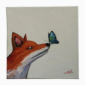 Vivek Mandalia, Volpe e farfalla, Olio su tela