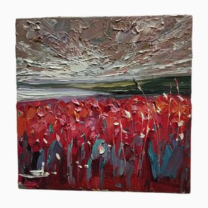 Vivek Mandala, Landschaft mit rosa Blumen, Öl auf Leinwand