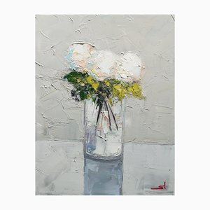 Vivek Mandala, Weiße Blumen, Öl auf Leinwand