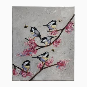 Vivek Mandalia, Mésanges & Fleurs de Cerisier, Huile sur Toile