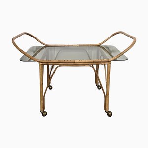 Bohemian French Bamboo & Rattan Glass Serving Bar Cart by Franco Albini, 1970s