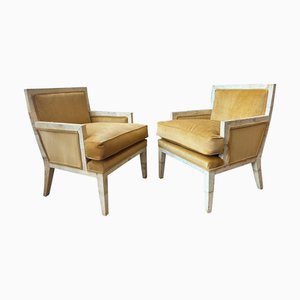 Set of Mid-Century Modern French Parchment and Velvet Cord Lounge Chairs, 1960