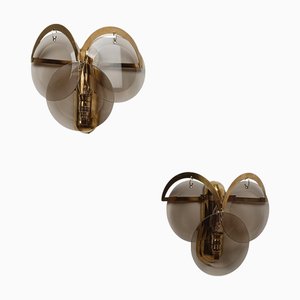 Sconces in Brass and Smoked Bevelled Glass Discs by Sciolari, Italy, 1970s, Set of 2
