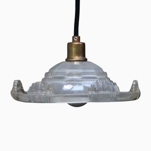 Lampe à Suspension Art Déco en Laiton et Verre Clair Gravé, France, 1920s