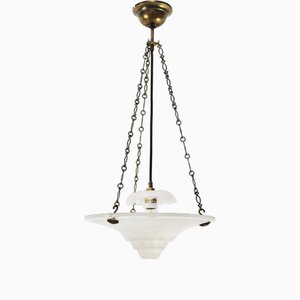 Lampe à Suspension Art Déco en Laiton et Verre Clair Gravé, France, 1920s