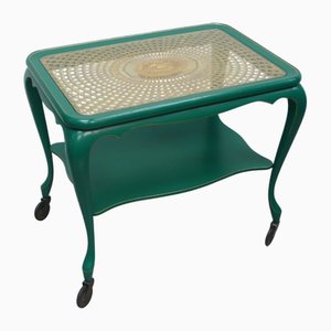 Chippendale Style Side Table on Wheels with Vienna Style Rattan and Glass Table Top, 1930s