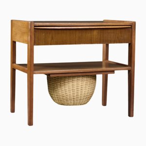 Vintage Danish Modern Teak Thread Side Table with Wicker Basket, 1960s