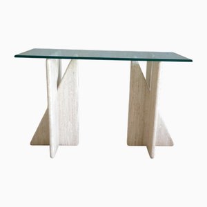 Consolle in vetro e travertino, anni '80