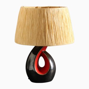 French Black & Red Ceramic Table Lamp, 1950s