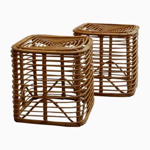 Square Rattan and Bamboo Stools by Tito Agnoli, Italy, 1960s, Set of 2