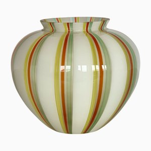Vase in White Blown Murano Glass with Colored Fettuccine, 1980s