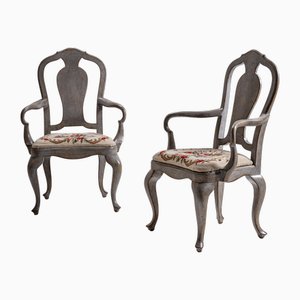 9th Century Gray Painted Armchairs, Set of 2