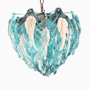 Lámpara de araña de Murano vintage con cristal de Murano y hojas azul claro hechas a mano de Mazzega, Venecia, Italia, años 80
